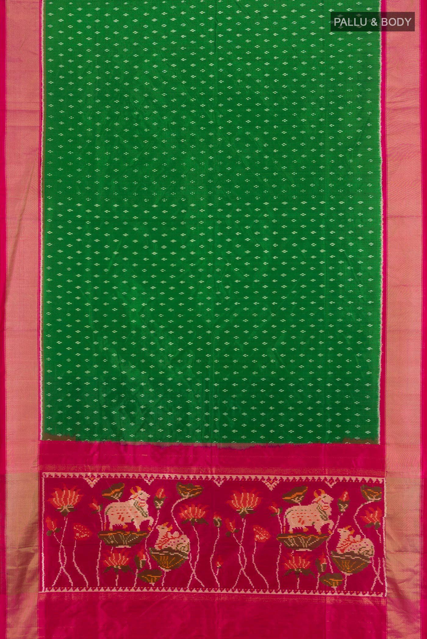 Flat view of Green Pochampally Saree with Pure Ikat on the body and Zari Border. 