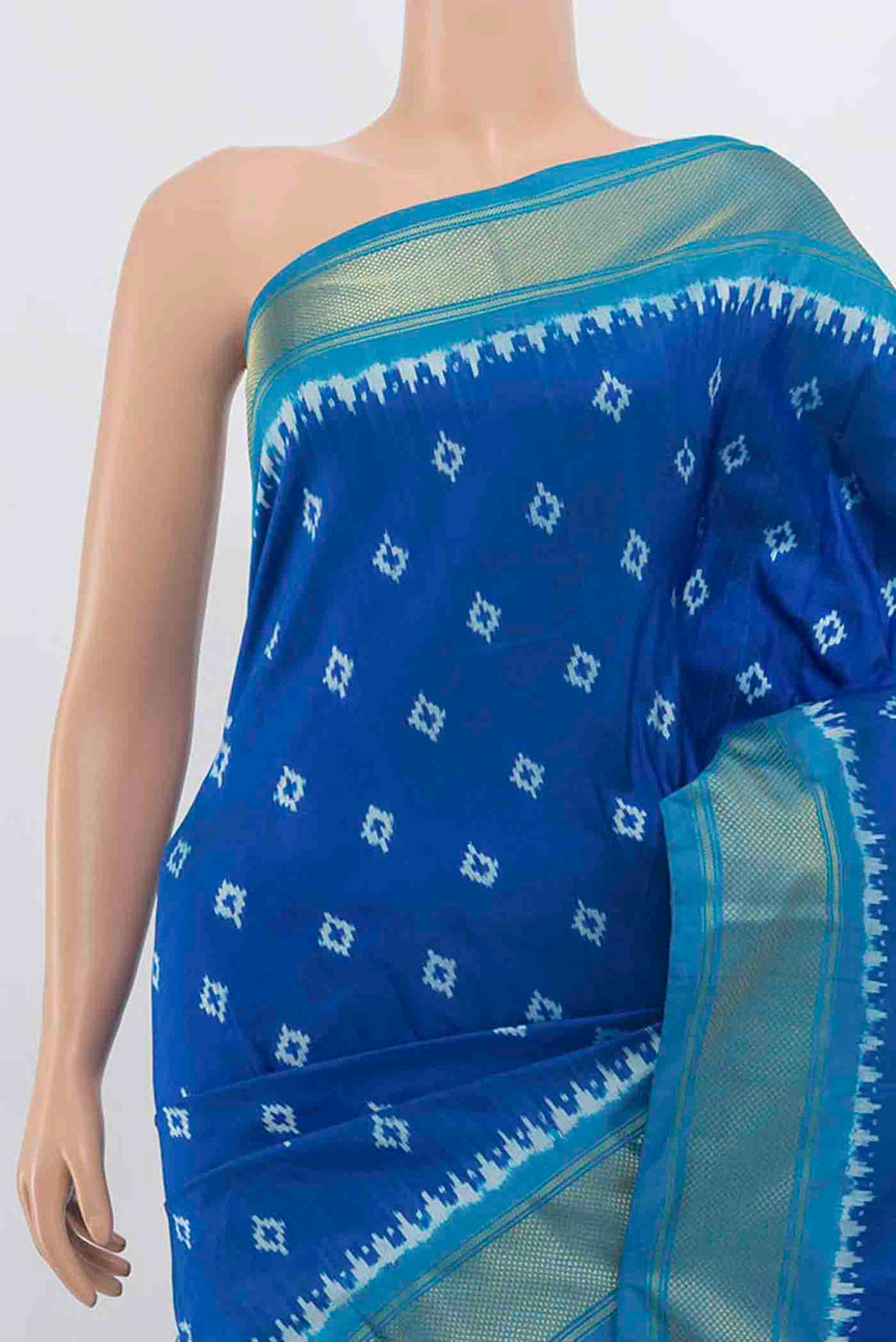 Border image of Light Blue Pochampally Nine Yards Saree with Ikat Print on the body and Ikat Border