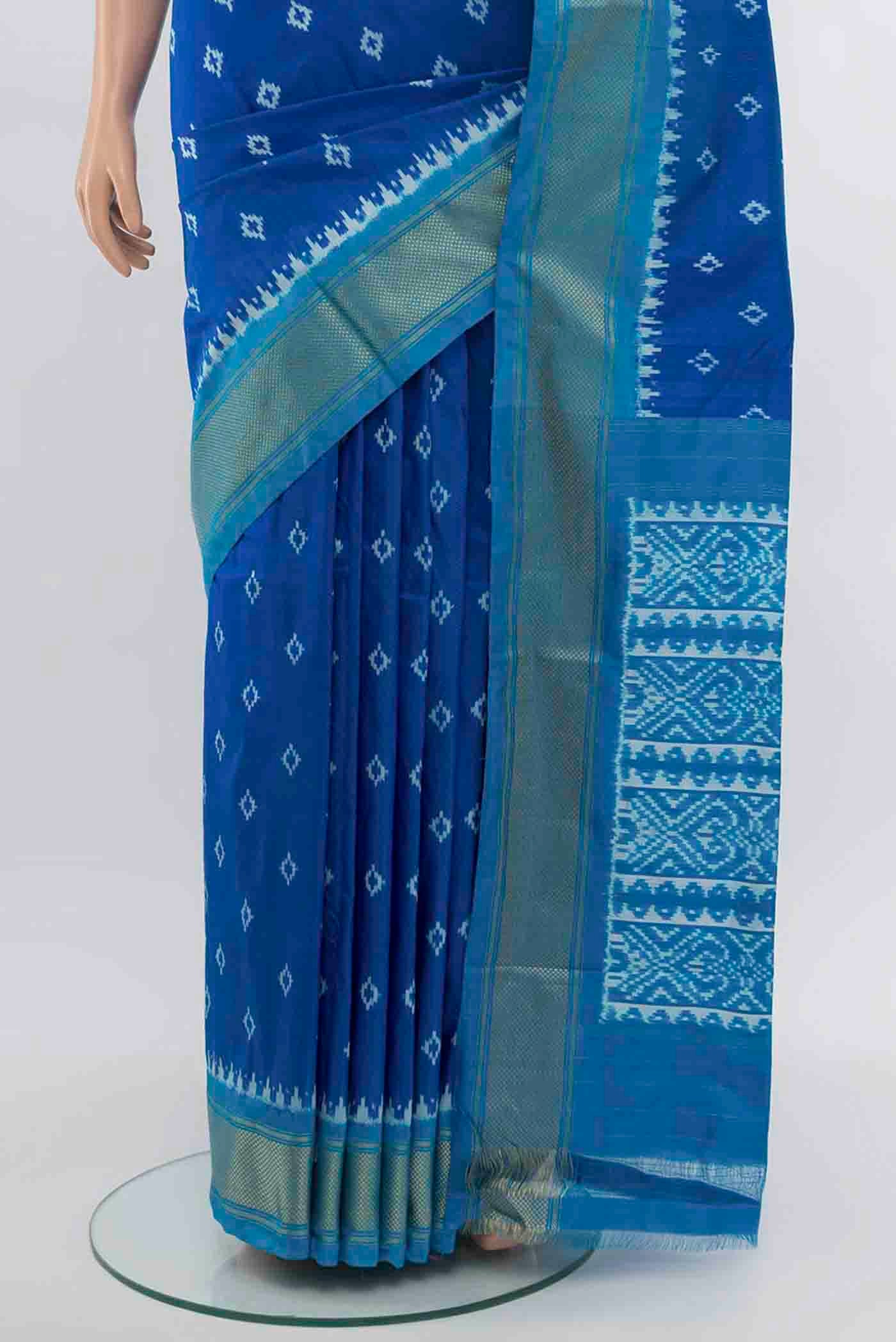 Pleats and pallu of Light Blue Pochampally Nine Yards Saree with Ikat Print on the body and Ikat Border