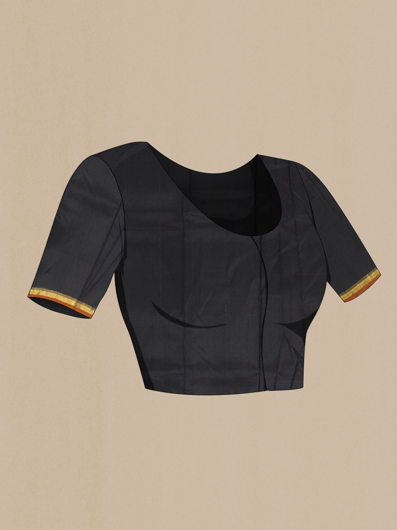 Close up image of the blouse of Black Kanchipuram Silk Saree with Plain Body and Zari Border. 