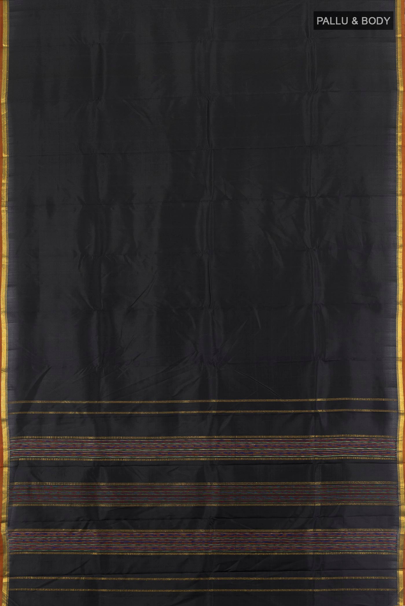 Flat view of Black Kanchipuram Silk Saree with Plain Body and Zari Border. 