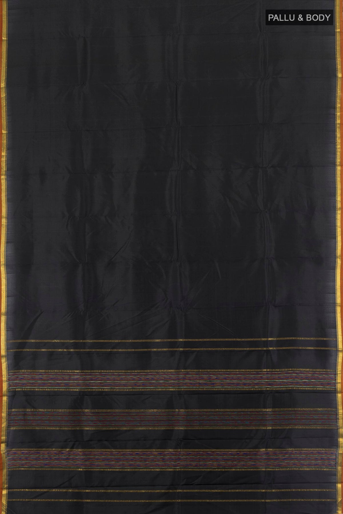 Flat view of Black Kanchipuram Silk Saree with Plain Body and Zari Border. 