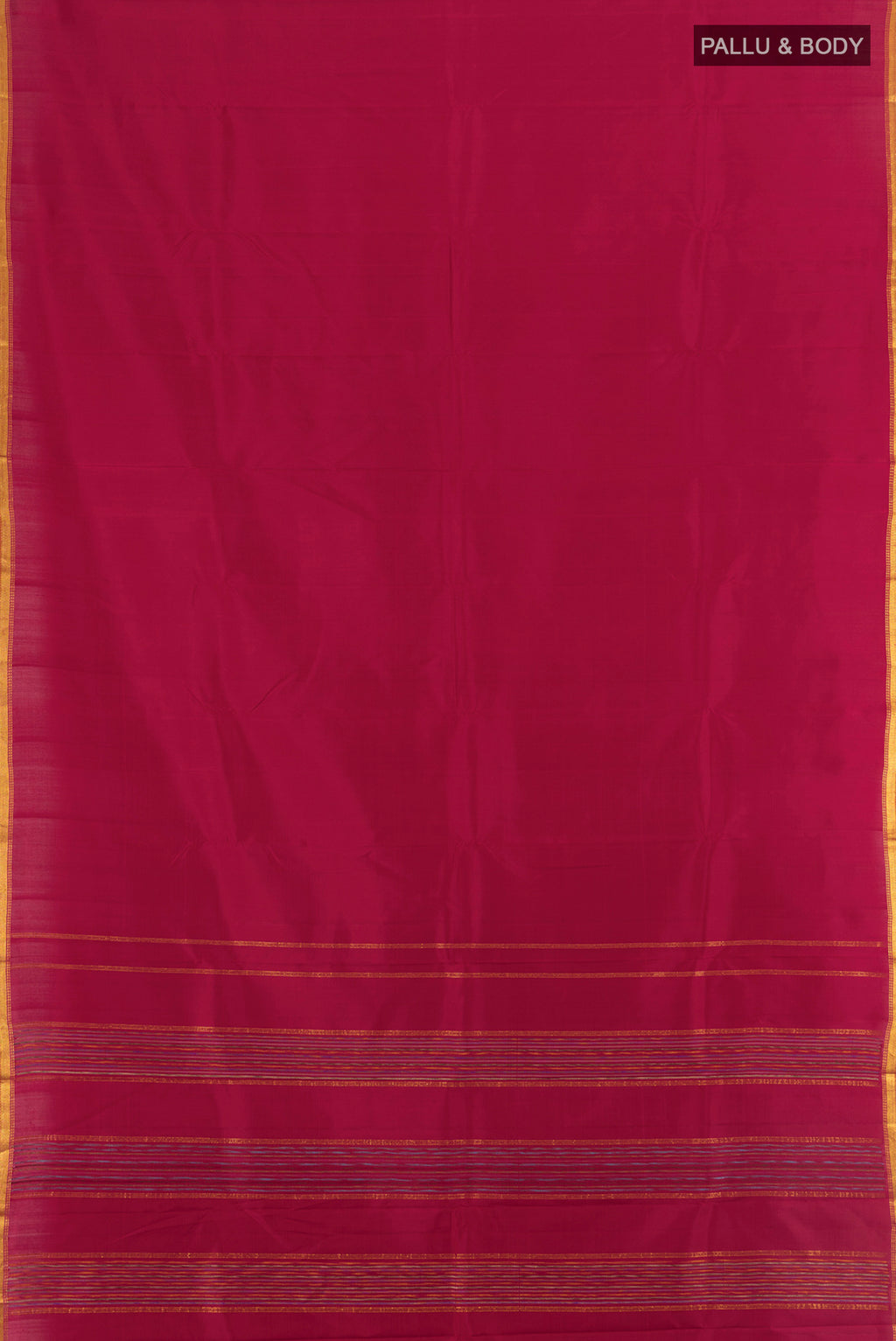 Flat view of Maroon Kanchipuram Silk Saree with Plain Body and Zari Border. 