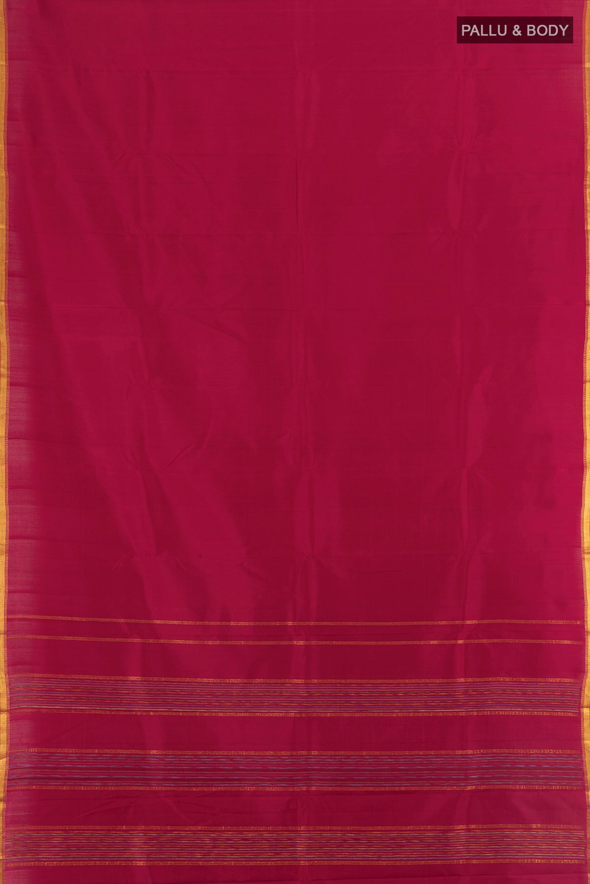 Flat view of Maroon Kanchipuram Silk Saree with Plain Body and Zari Border. 