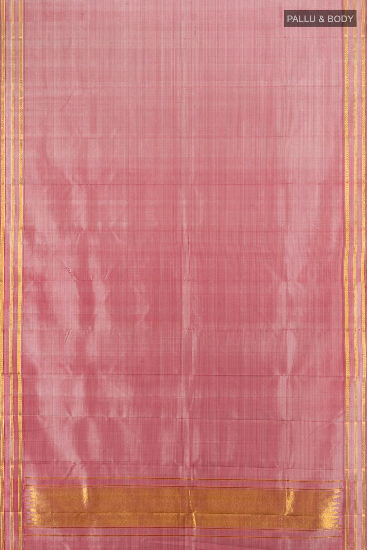 Flat view of Pure Silk Rose pink Kanchipuram Saree with Plain Body and Zari Border. 