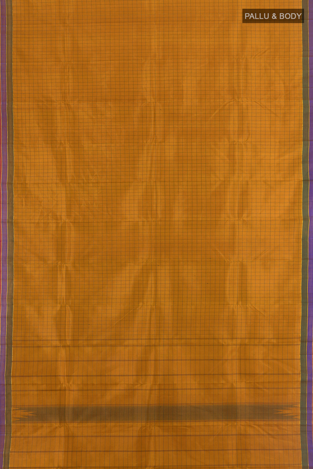 Flat view of Mustard Kanchipuram Silk Saree with Checked design on the body and Plain Border. 