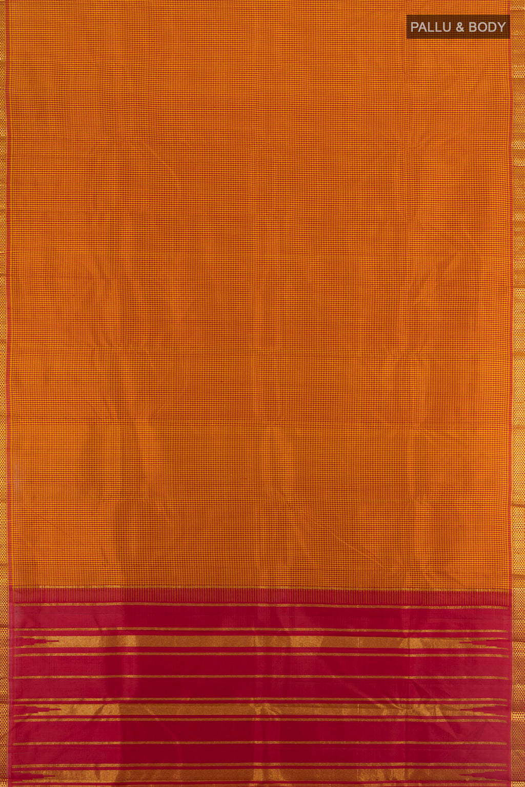 Flat view of Multi Color Kanchipuram Silk Saree with Checked design on the body and Zari Border. 