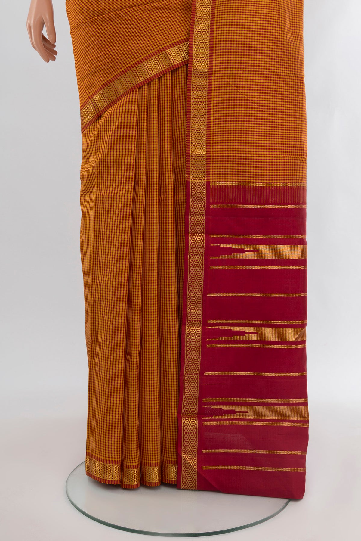 Pleats and pallu of Multi Color Kanchipuram Silk Saree with Checked design on the body and Zari Border. 