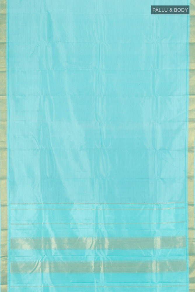 Flat view of Pure Silk Pure Zari Sky Blue Kanchipuram Saree with Zari Butta on the body and Silk Border. 