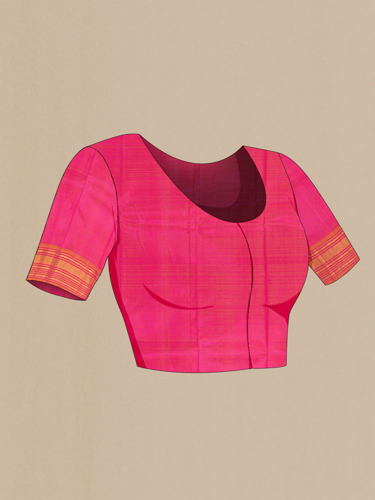 Close up image of the blouse of Rani Pink Kanchipuram Silk Saree with Zari Butta on the body and Silk Border. 