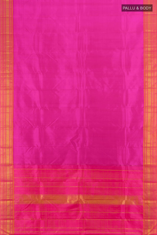 Flat view of Rani Pink Kanchipuram Silk Saree with Zari Butta on the body and Silk Border. 