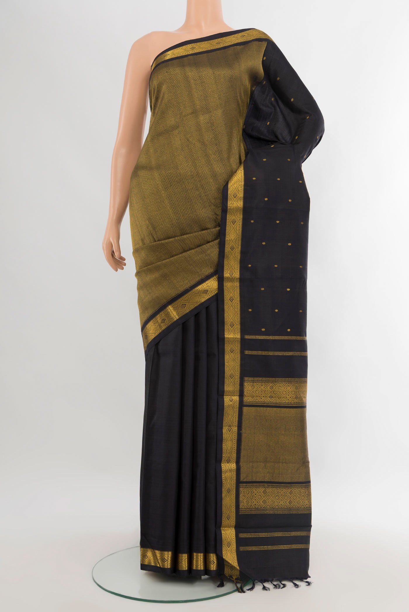 Black Kanjivaram Silk Saree with Half And Half on the body and Zari Border.  displayed on a mannequin