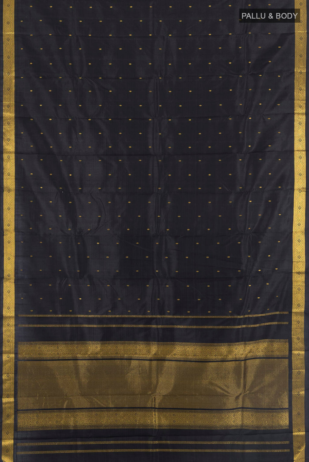 Flat view of Black Kanjivaram Silk Saree with Half And Half on the body and Zari Border. 