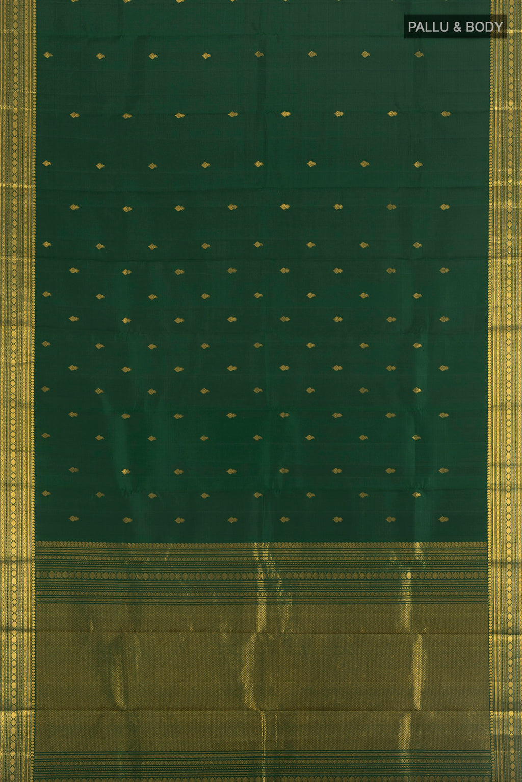 Flat view of Bottle Green Kanjivaram Silk Saree with Zari Butta on the body and Zari Border. 