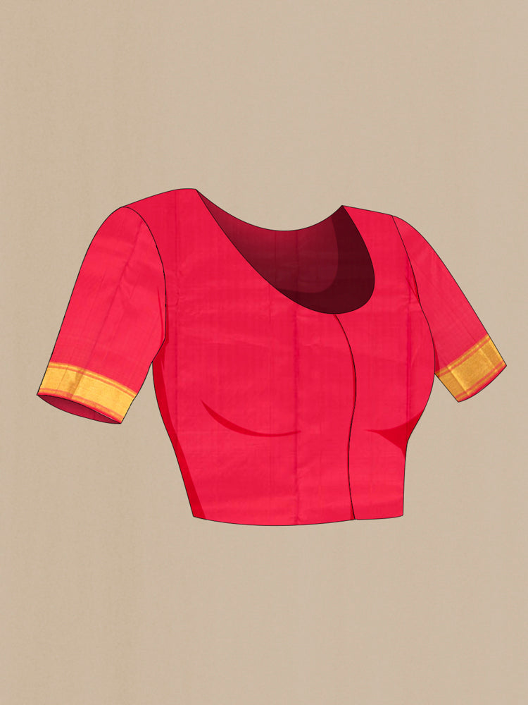 Close up image of the blouse of Pure Silk Pure Zari Peach Kanjivaram Saree with Zari Butta on the body and Silk Border. 