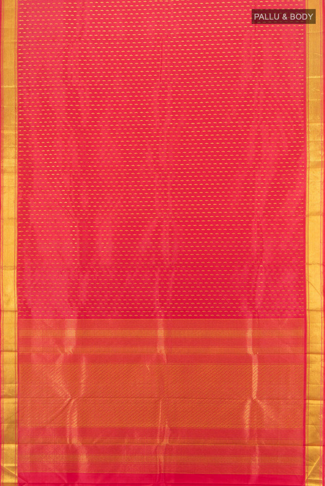 Flat view of Pure Silk Pure Zari Peach Kanjivaram Saree with Zari Butta on the body and Silk Border. 