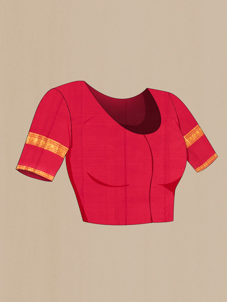 Close up image of the blouse of Red Kanjivaram Silk Saree with Zari Butta on the body and Silk Border. 