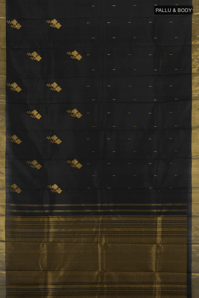 Flat view of Black Kanjivaram Silk Saree with Zari Butta on the body and Silk Border. 