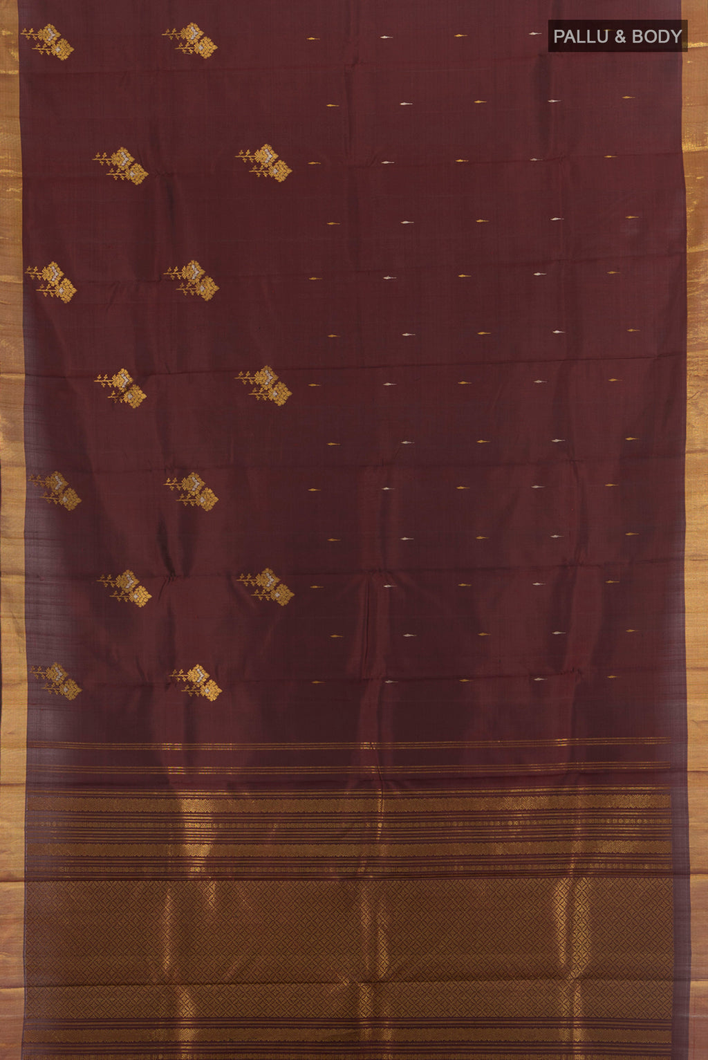 Flat view of Coffee Brown Kanjivaram Silk Saree with Zari Butta on the body and Zari Border. 