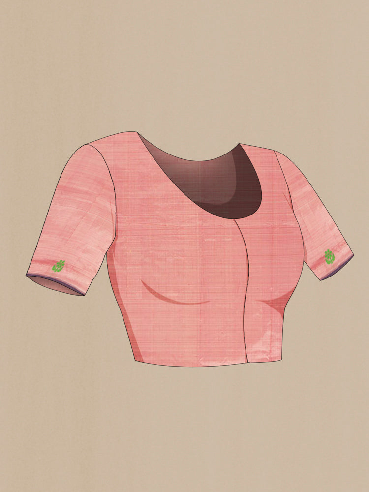 Close up image of the blouse of Rose Gold Kanchipuram Silk Saree with Plain Body and Silk Border. 