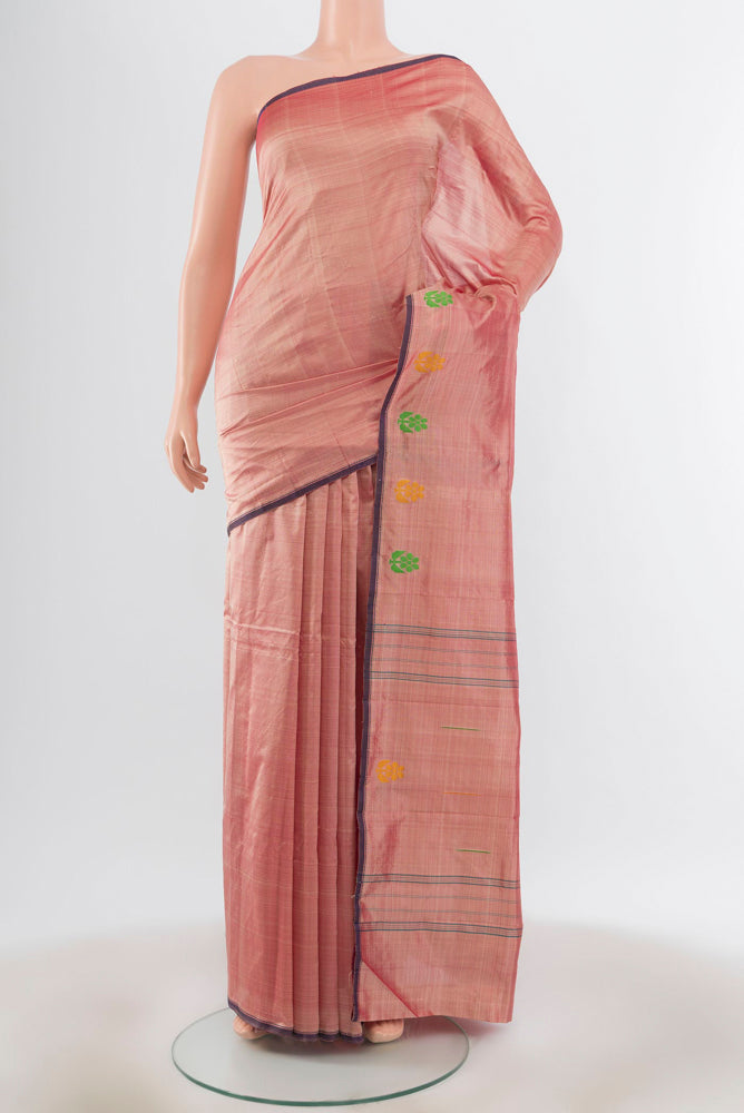Rose Gold Kanchipuram Silk Saree with Plain Body and Silk Border.  displayed on a mannequin
