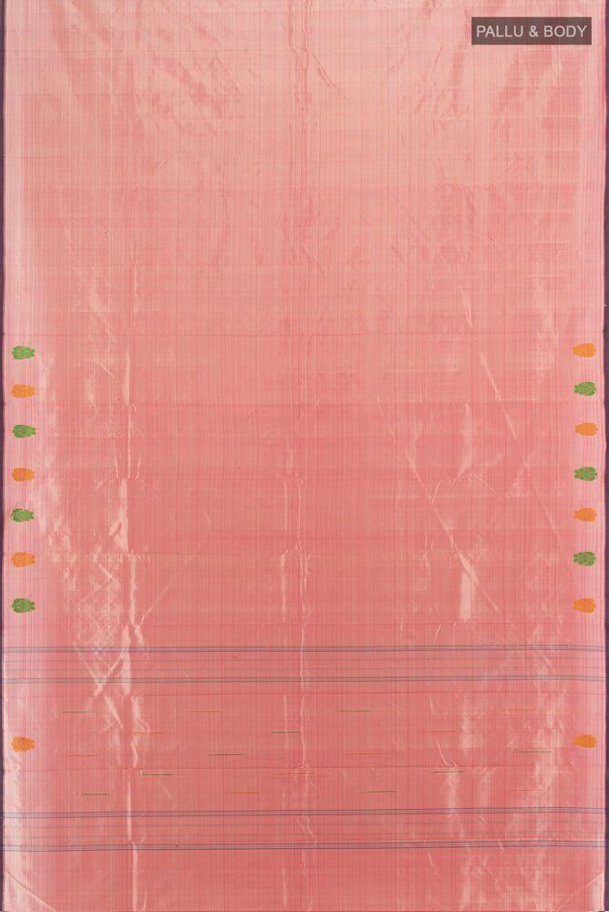 Flat view of Rose Gold Kanchipuram Silk Saree with Plain Body and Silk Border. 