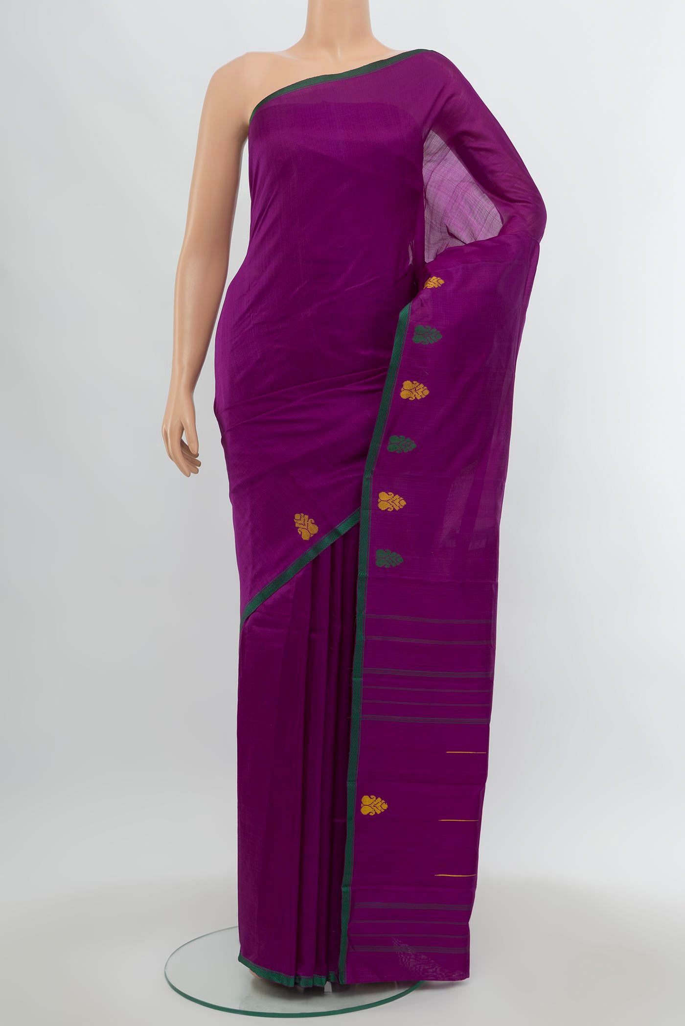 Violet Kanchipuram Silk Saree with Thread Butta on the body and Thread Border.  displayed on a mannequin