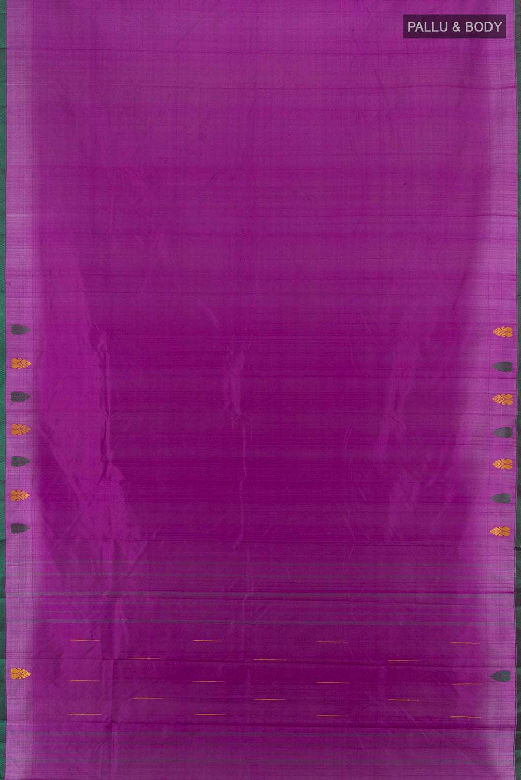 Flat view of Violet Kanchipuram Silk Saree with Thread Butta on the body and Thread Border. 