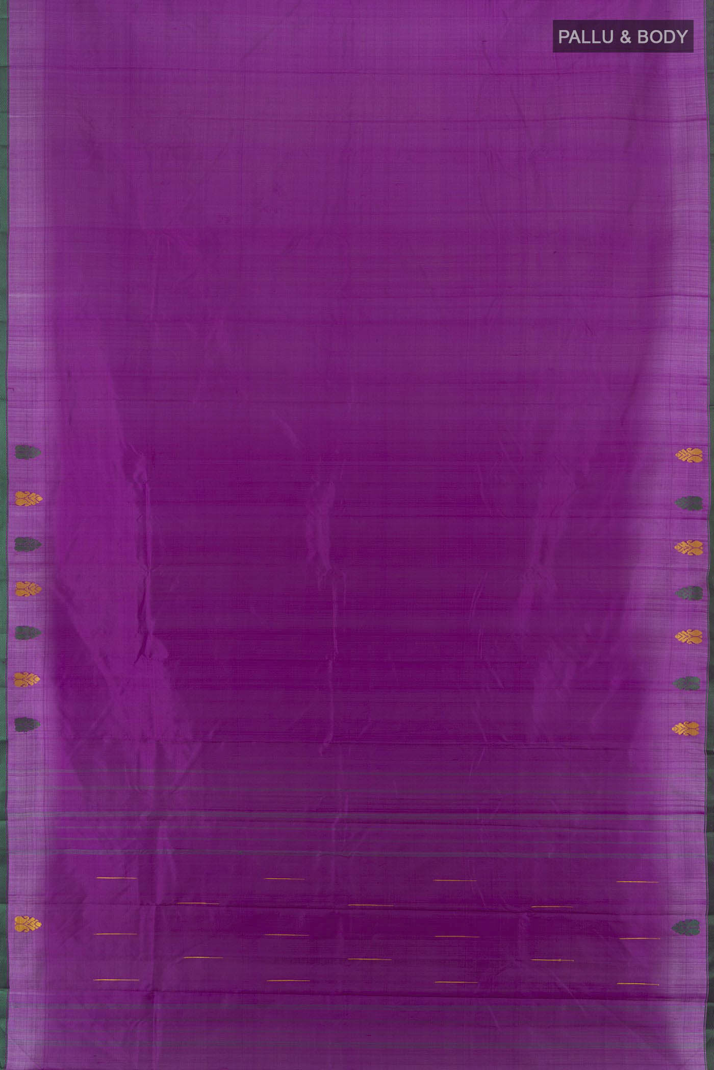 Flat view of Violet Kanchipuram Silk Saree with Thread Butta on the body and Thread Border. 