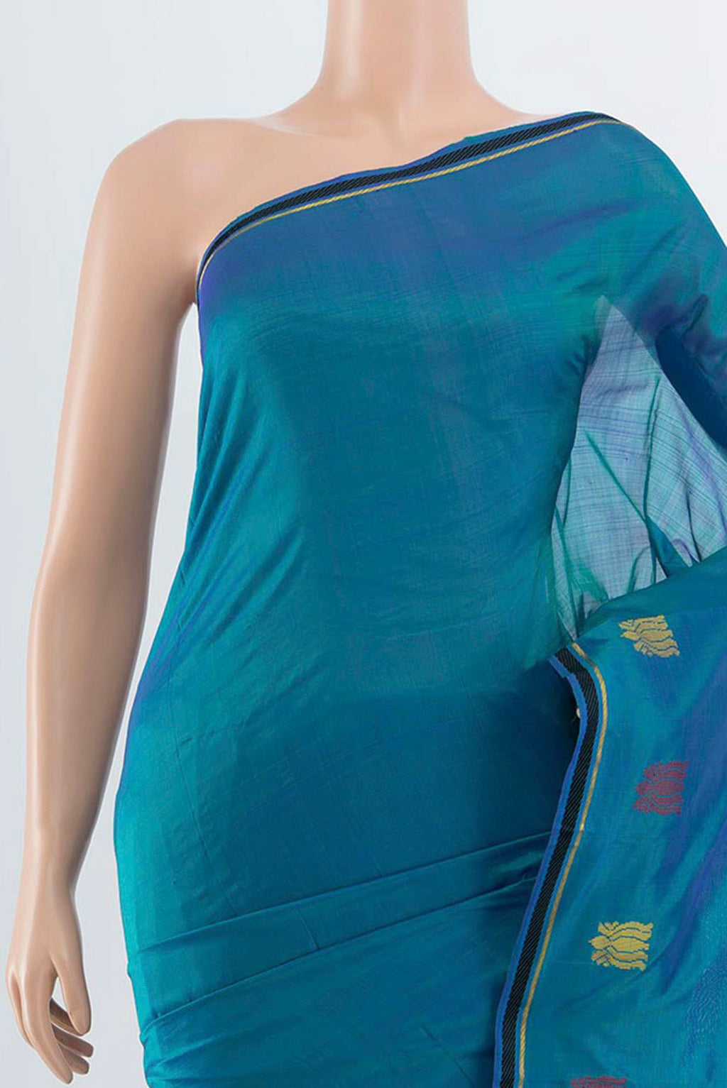 Border image of Peacock Blue Kanchipuram Silk Saree with Zari Butta on the body and Silk Border. 