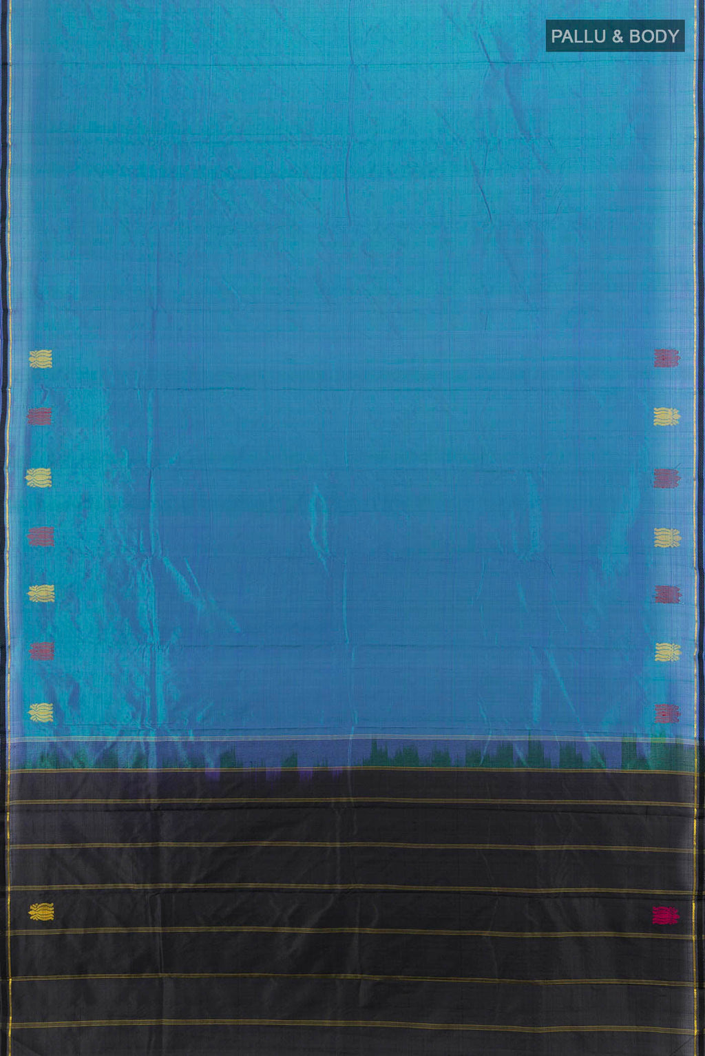 Flat view of Peacock Blue Kanchipuram Silk Saree with Zari Butta on the body and Silk Border. 