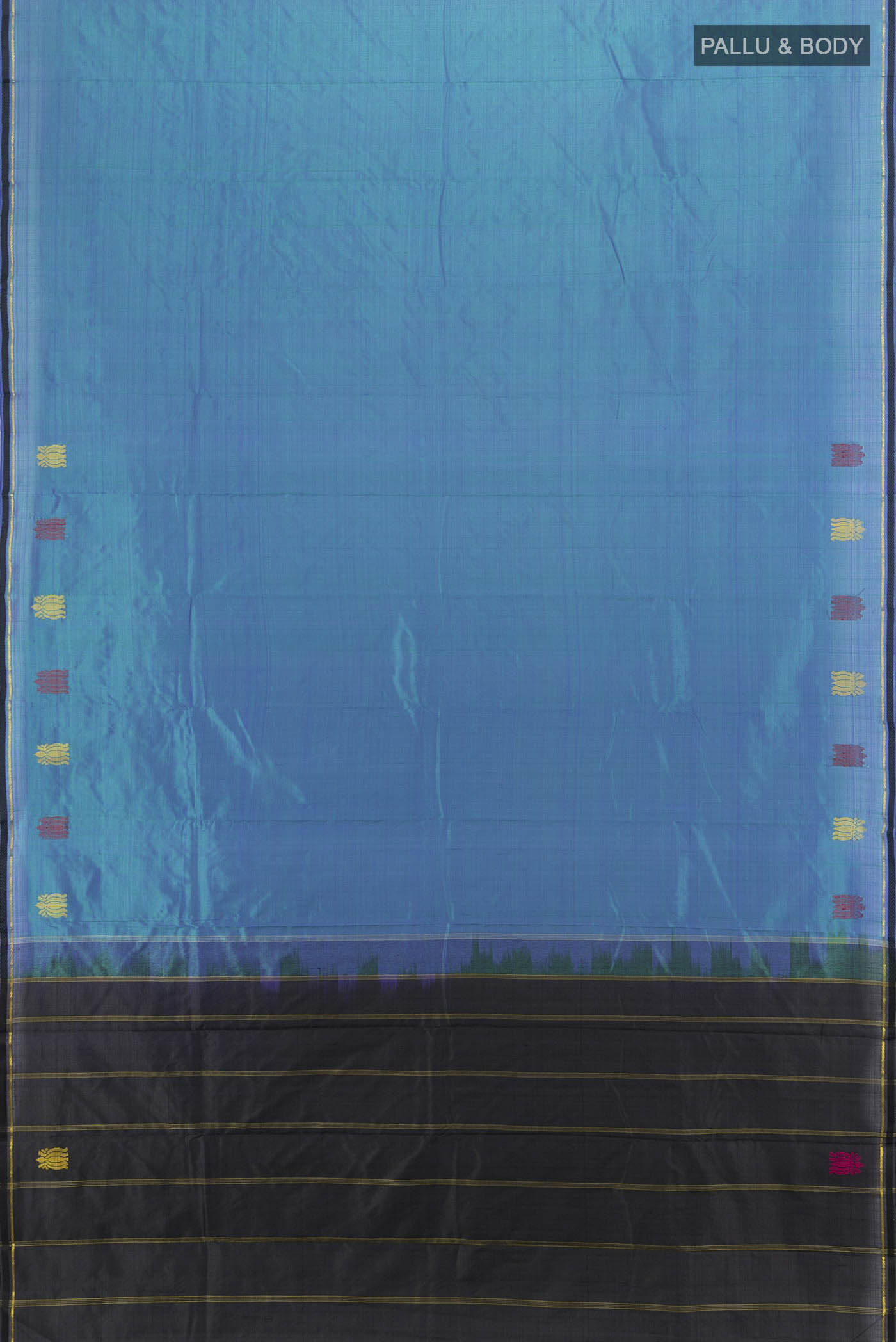 Flat view of Peacock Blue Kanchipuram Silk Saree with Zari Butta on the body and Silk Border. 