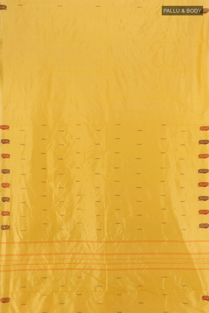 Flat view of Golden Kanchipuram Silk Saree with Zari Butta on the body and Silk Border. 