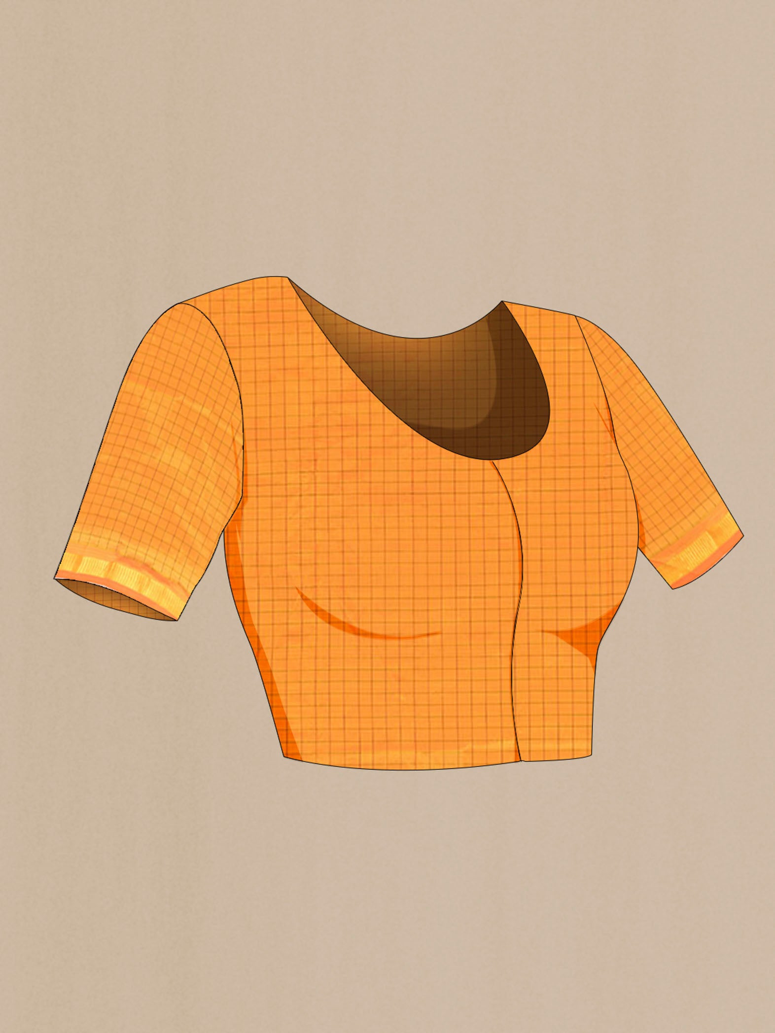 Close up image of the blouse of Yellow Kanchipuram Silk Saree with Checked design on the body and Silk Border. 