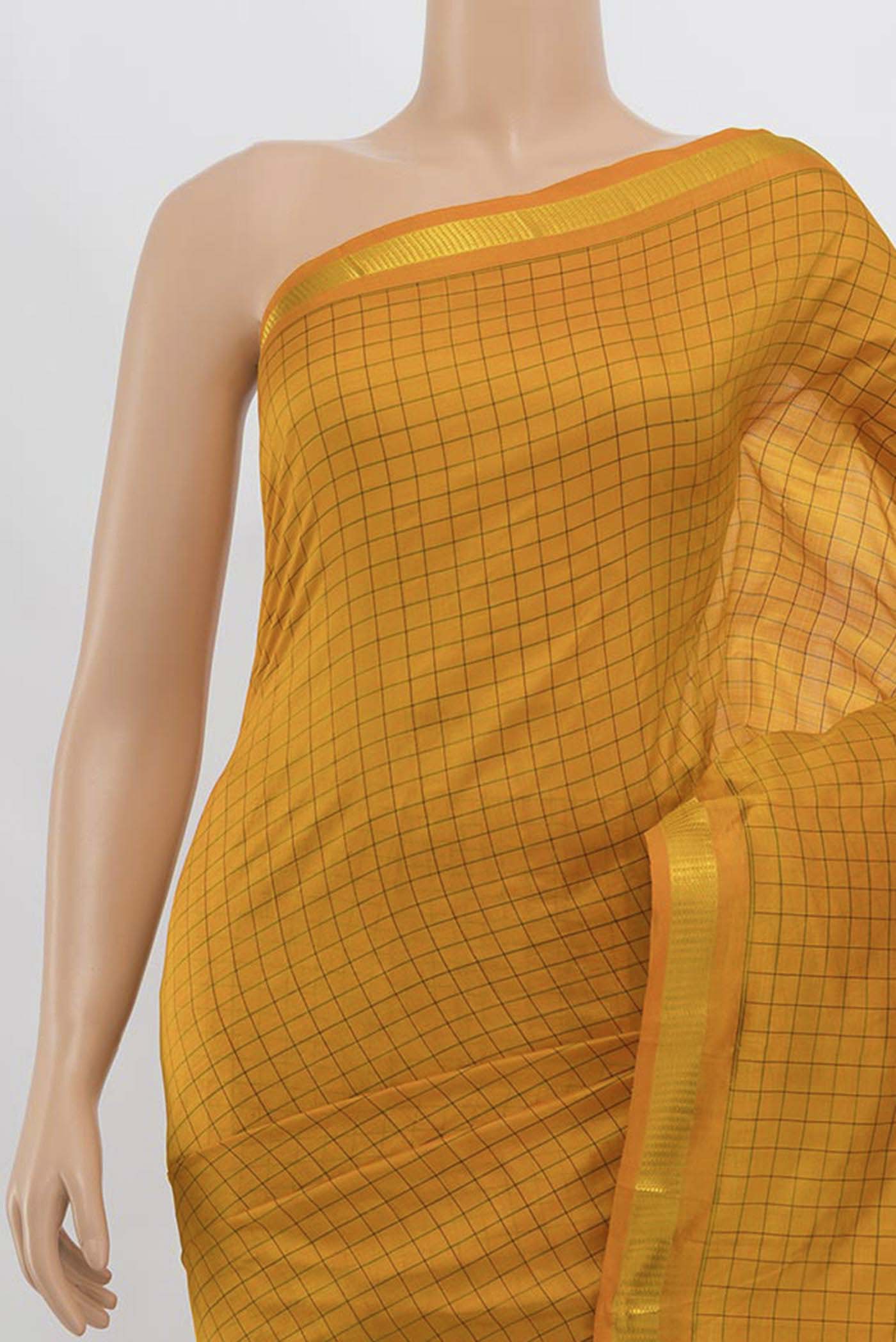 Border image of Yellow Kanchipuram Silk Saree with Checked design on the body and Silk Border. 