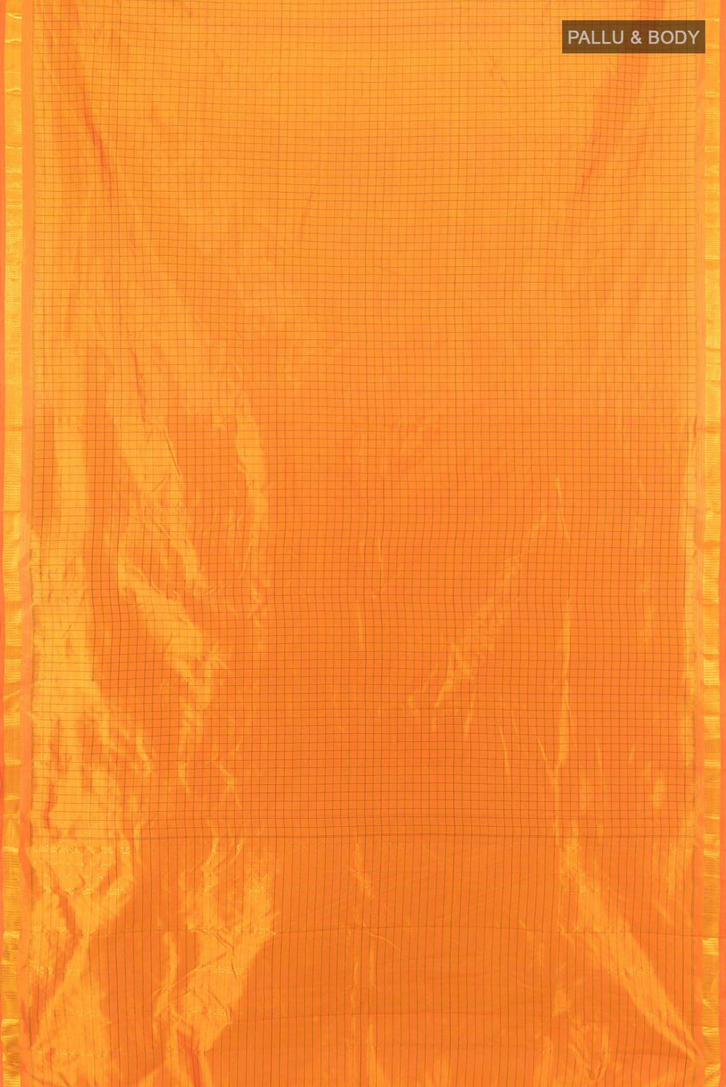 Flat view of Yellow Kanchipuram Silk Saree with Checked design on the body and Silk Border. 