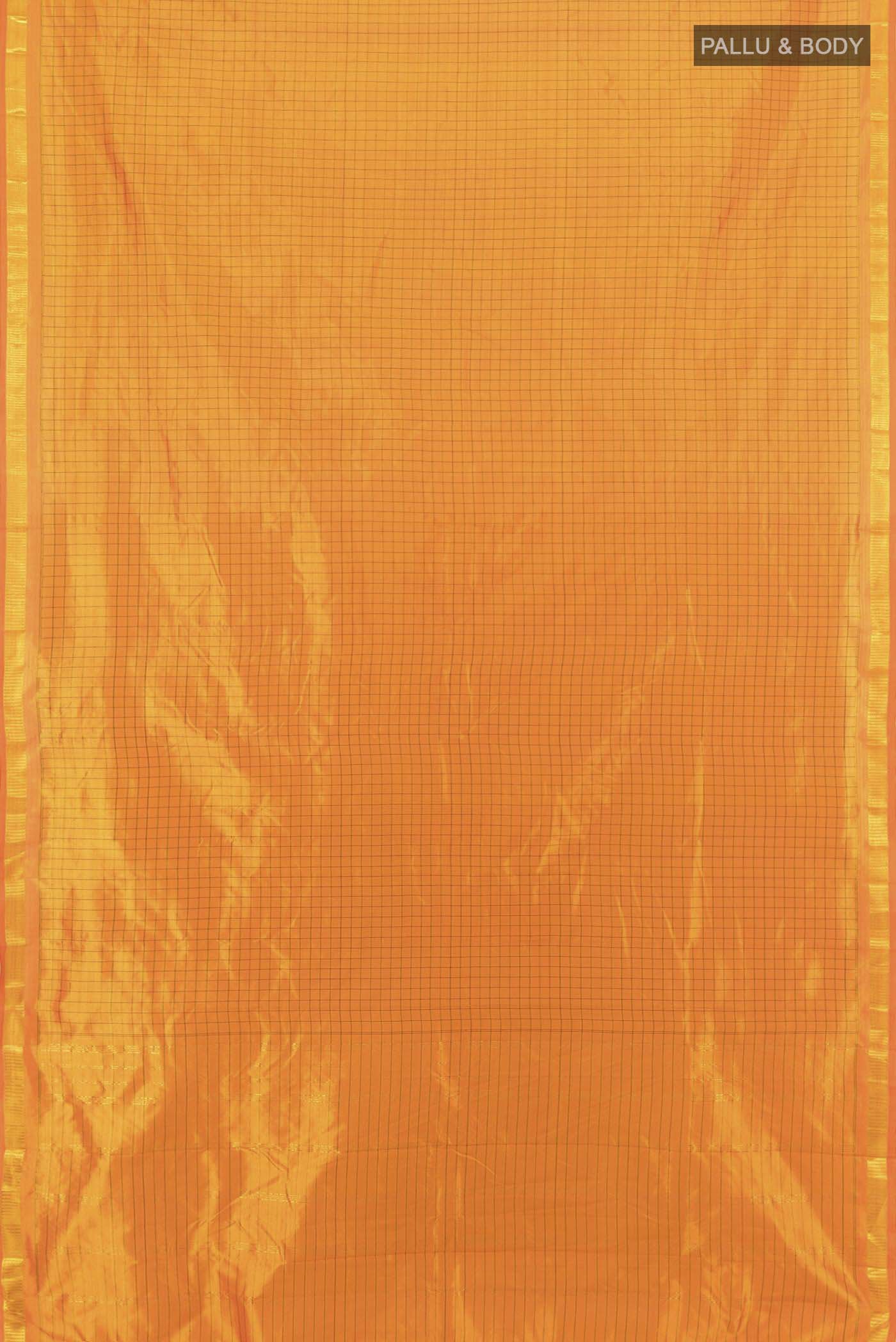 Flat view of Yellow Kanchipuram Silk Saree with Checked design on the body and Silk Border. 