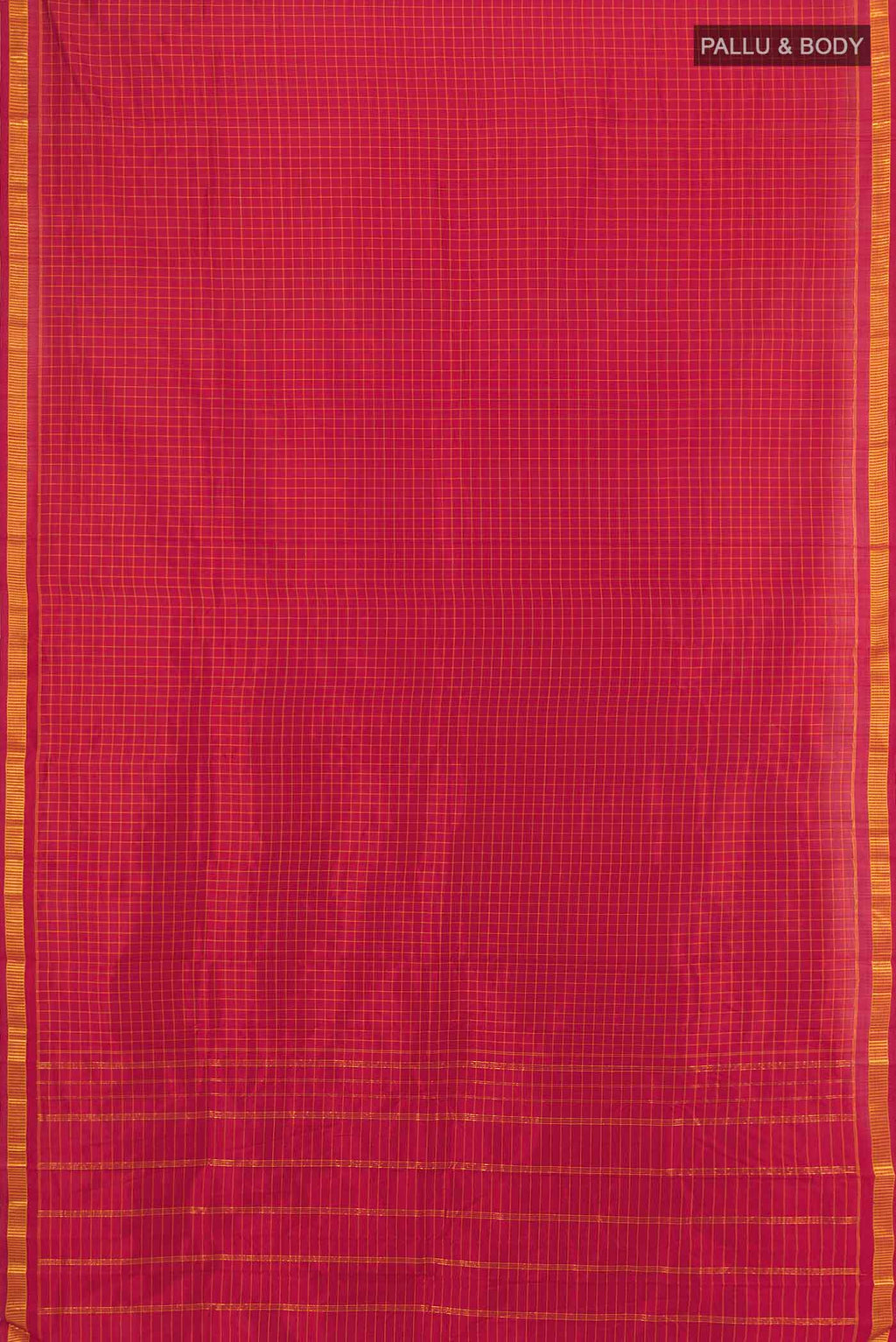 Flat view of Maroon Kanchipuram Silk Saree with Checked design on the body and Silk Border. 