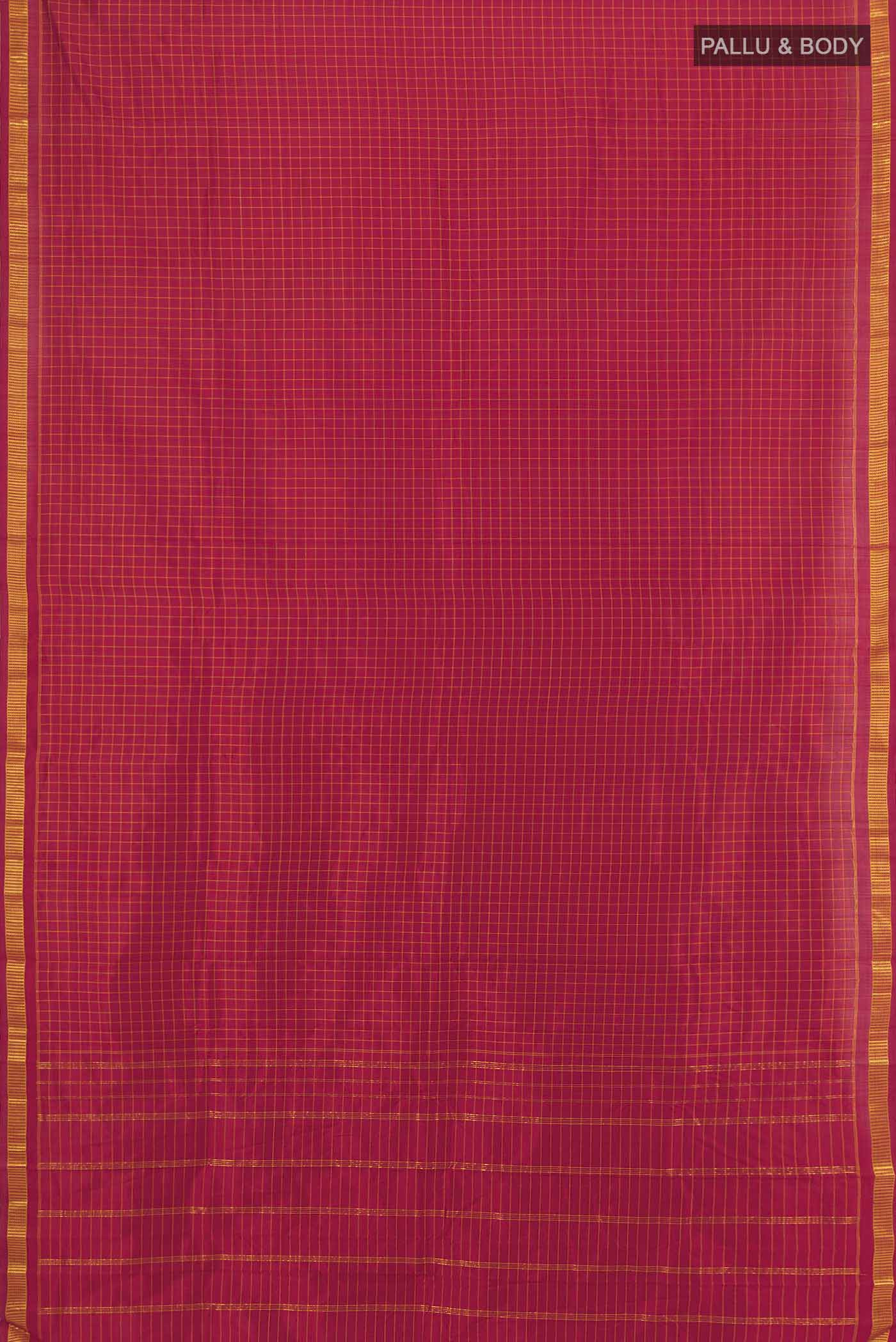 Flat view of Maroon Kanchipuram Silk Saree with Checked design on the body and Silk Border. 