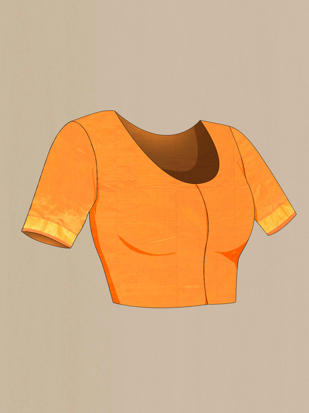 Close up image of the blouse of Orange Kanchipuram Silk Saree with Plain Body and Silk Border