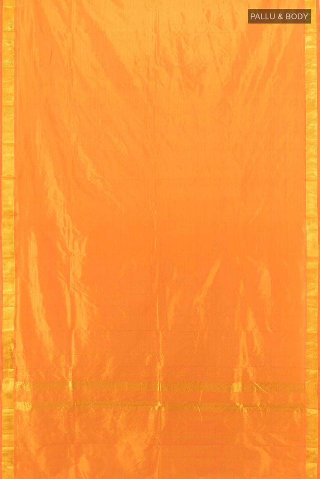 Flat view of Orange Kanchipuram Silk Saree with Plain Body and Silk Border
