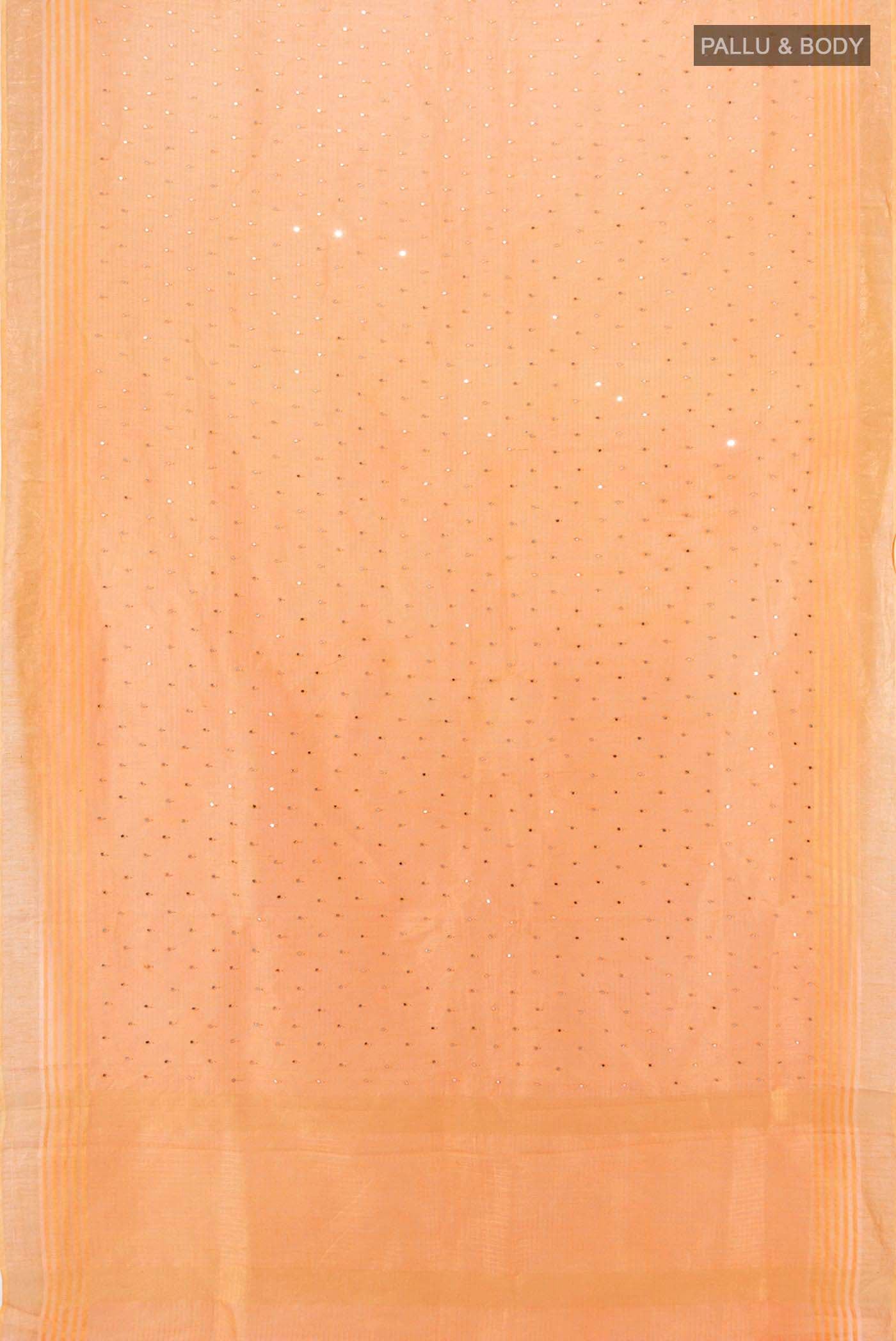 Flat view of Brick Orange Kora Cotton Saree with Zari Butta on the body and Silk Border