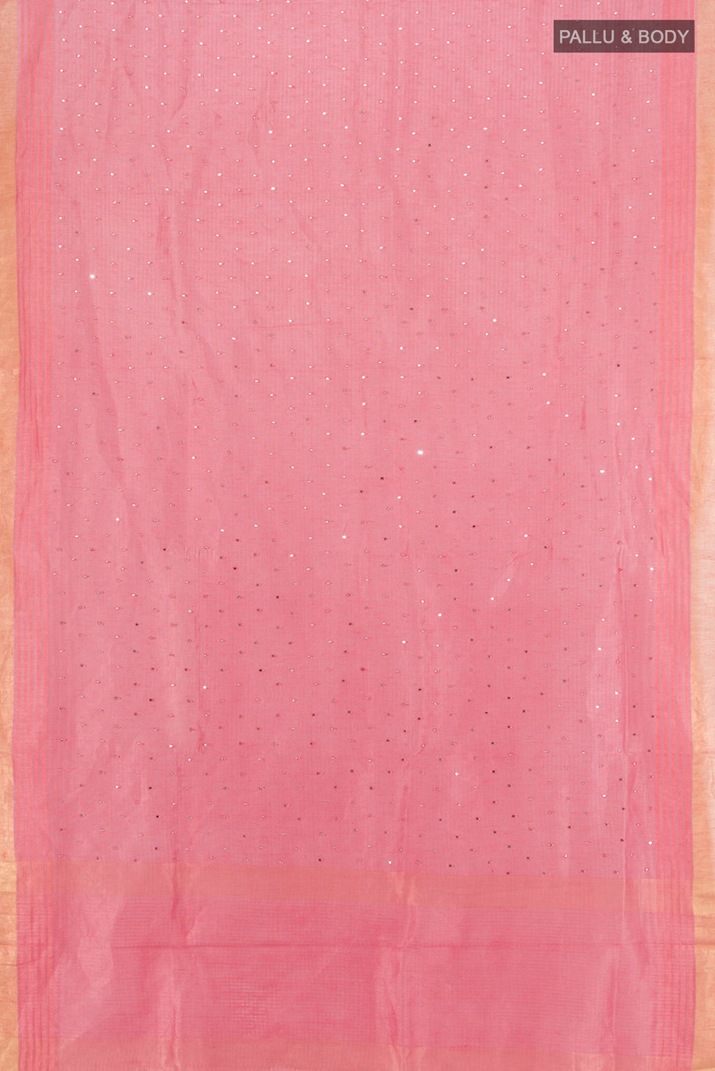 Flat view of Rose pink Tussar Silk Saree with Embroidery on the body and Zari Border. 