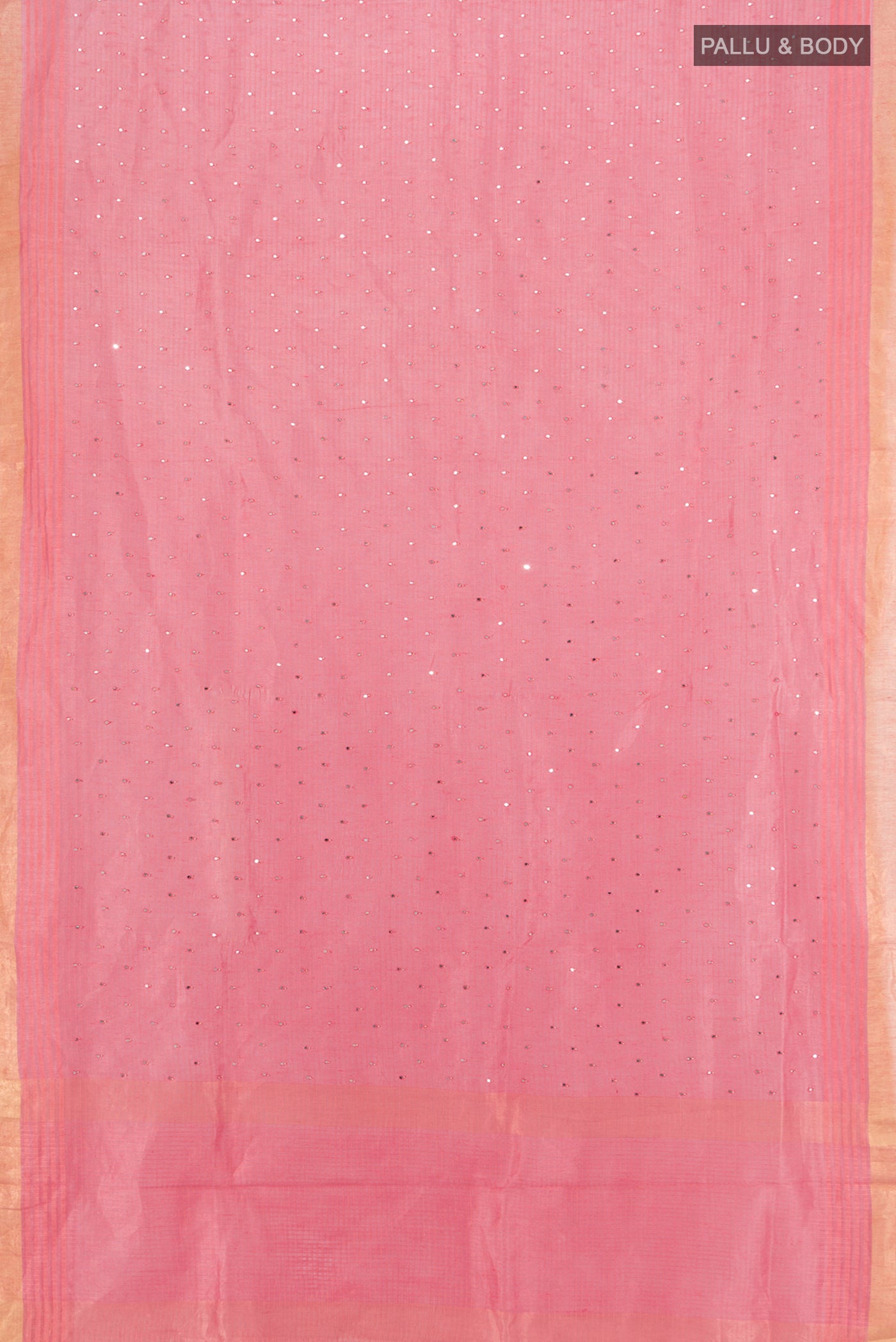 Flat view of Rose pink Tussar Silk Saree with Embroidery on the body and Zari Border. 