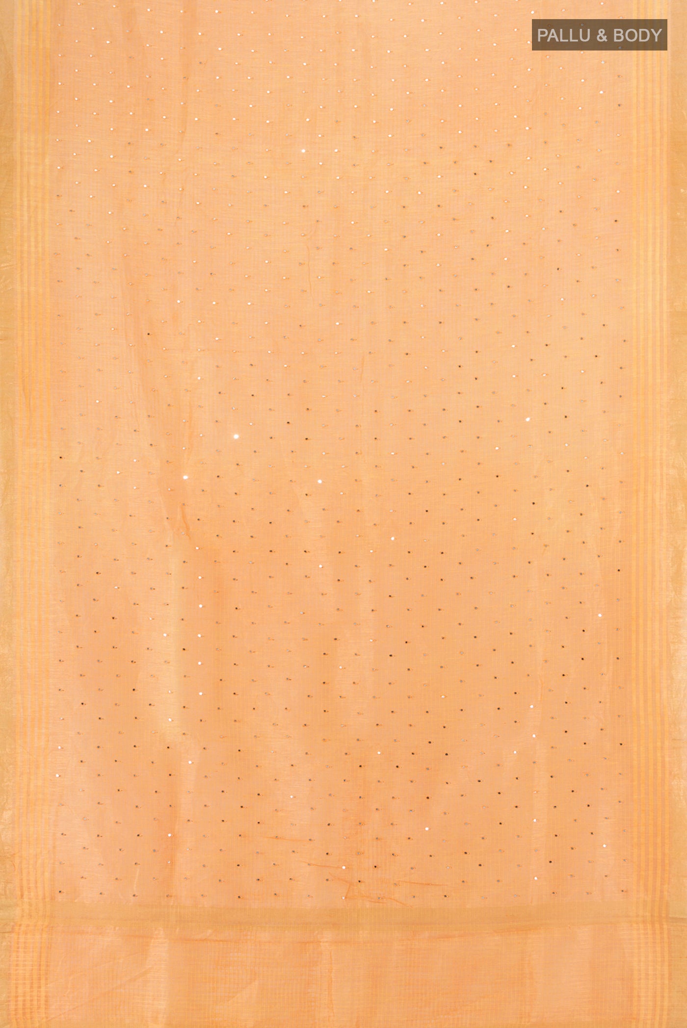 Flat view of Peach Tussar Silk Saree with Embroidery on the body and Zari Border. 
