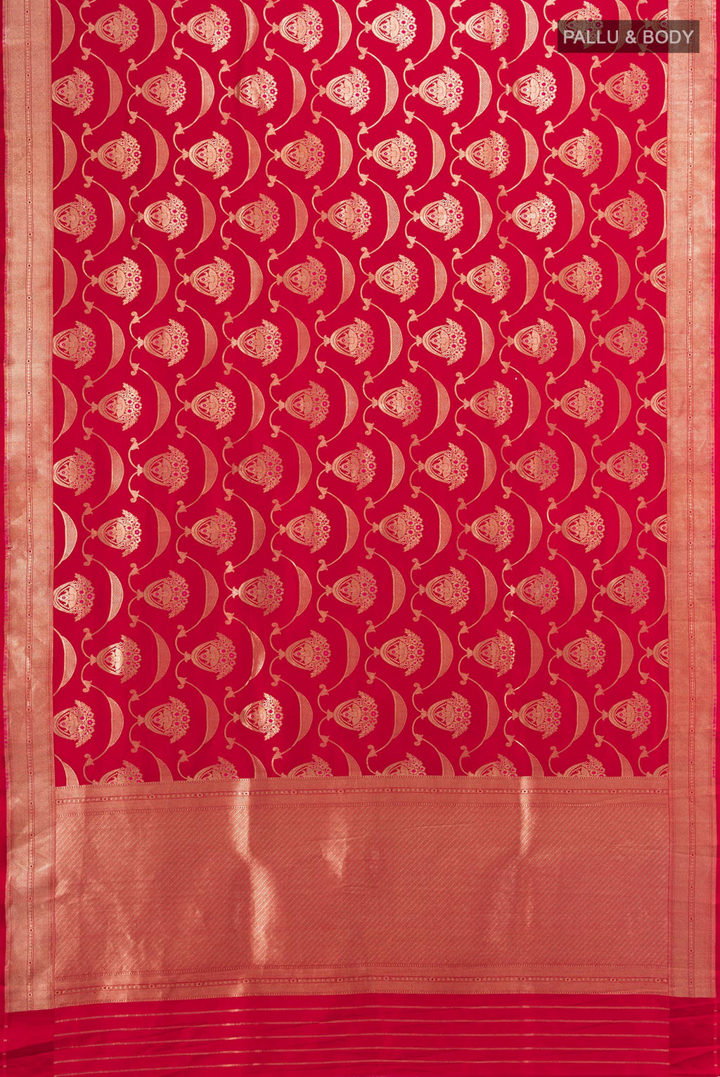 Flat view of Red Banarasi Silk Saree with Zari Butta on the body and Zari Border. 