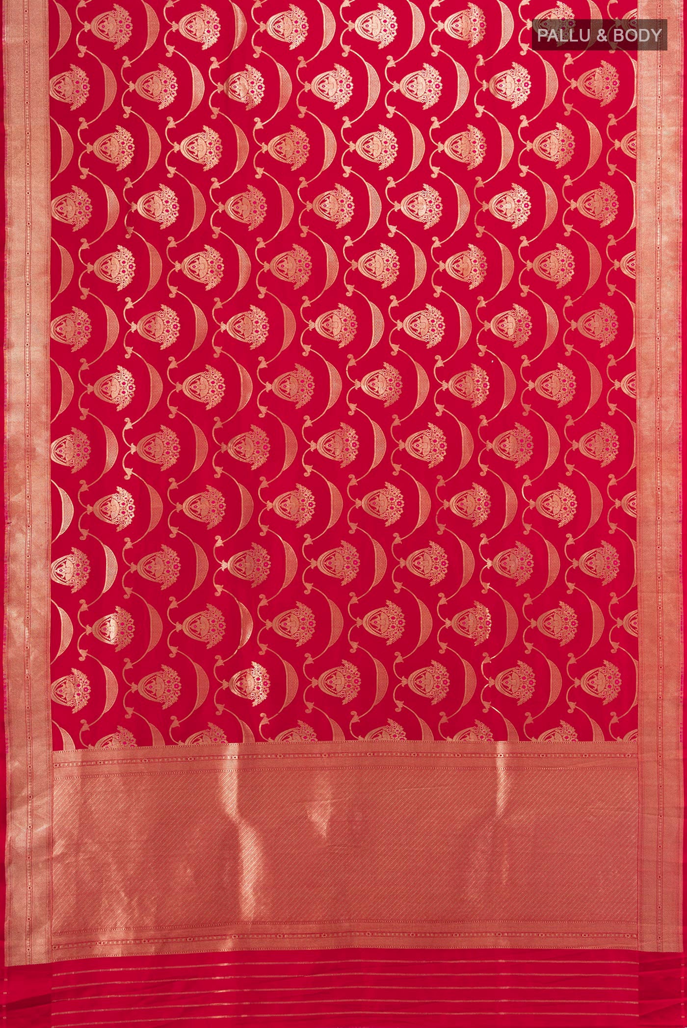 Flat view of Red Banarasi Silk Saree with Zari Butta on the body and Zari Border. 