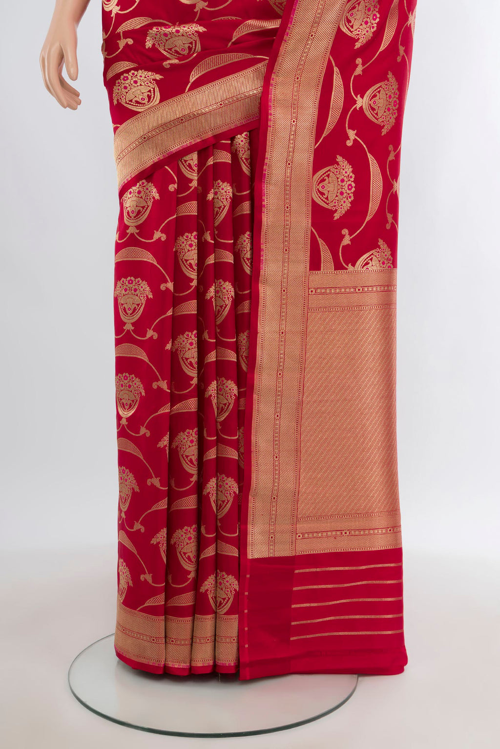 Pleats and pallu of Red Banarasi Silk Saree with Zari Butta on the body and Zari Border. 