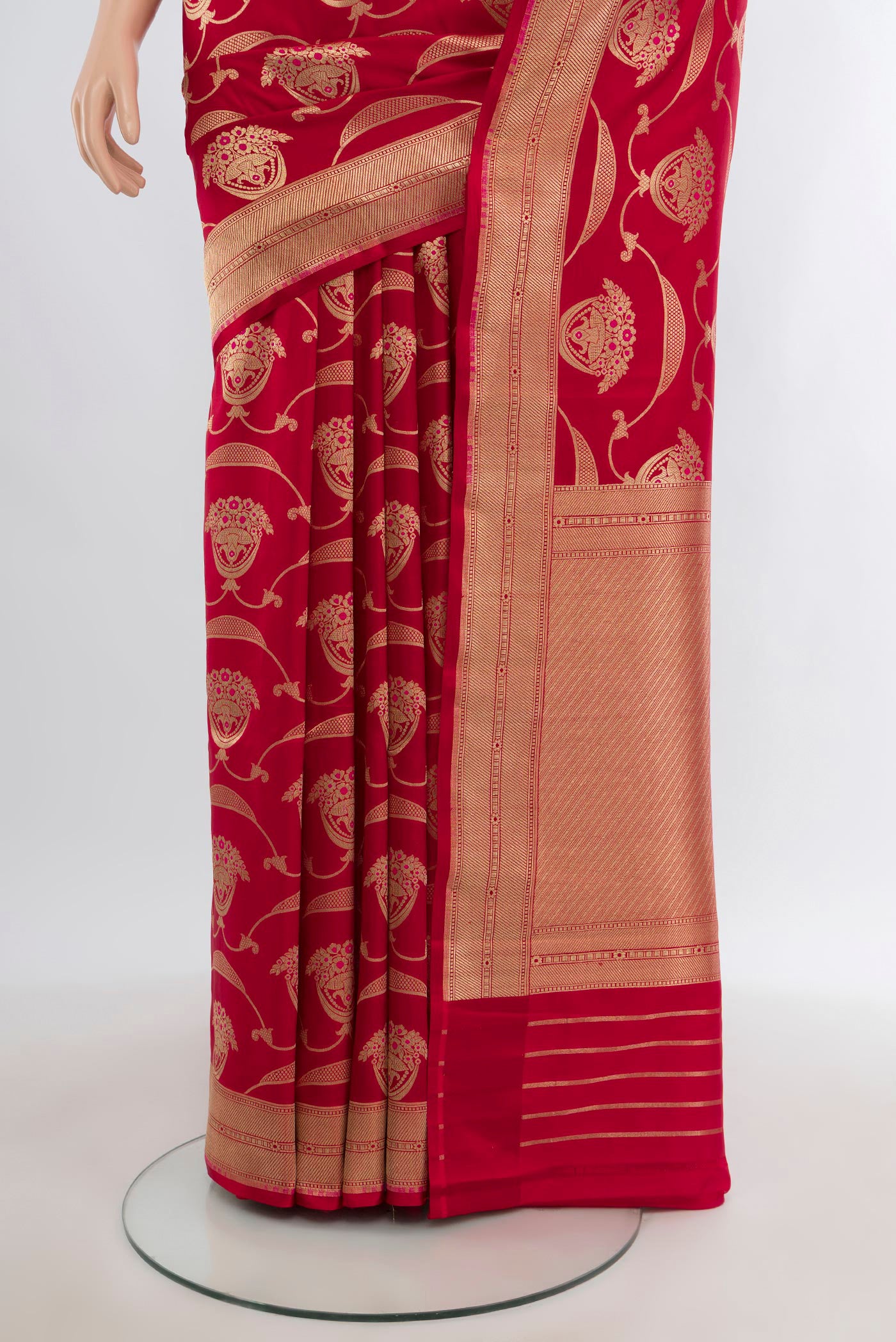 Pleats and pallu of Red Banarasi Silk Saree with Zari Butta on the body and Zari Border. 