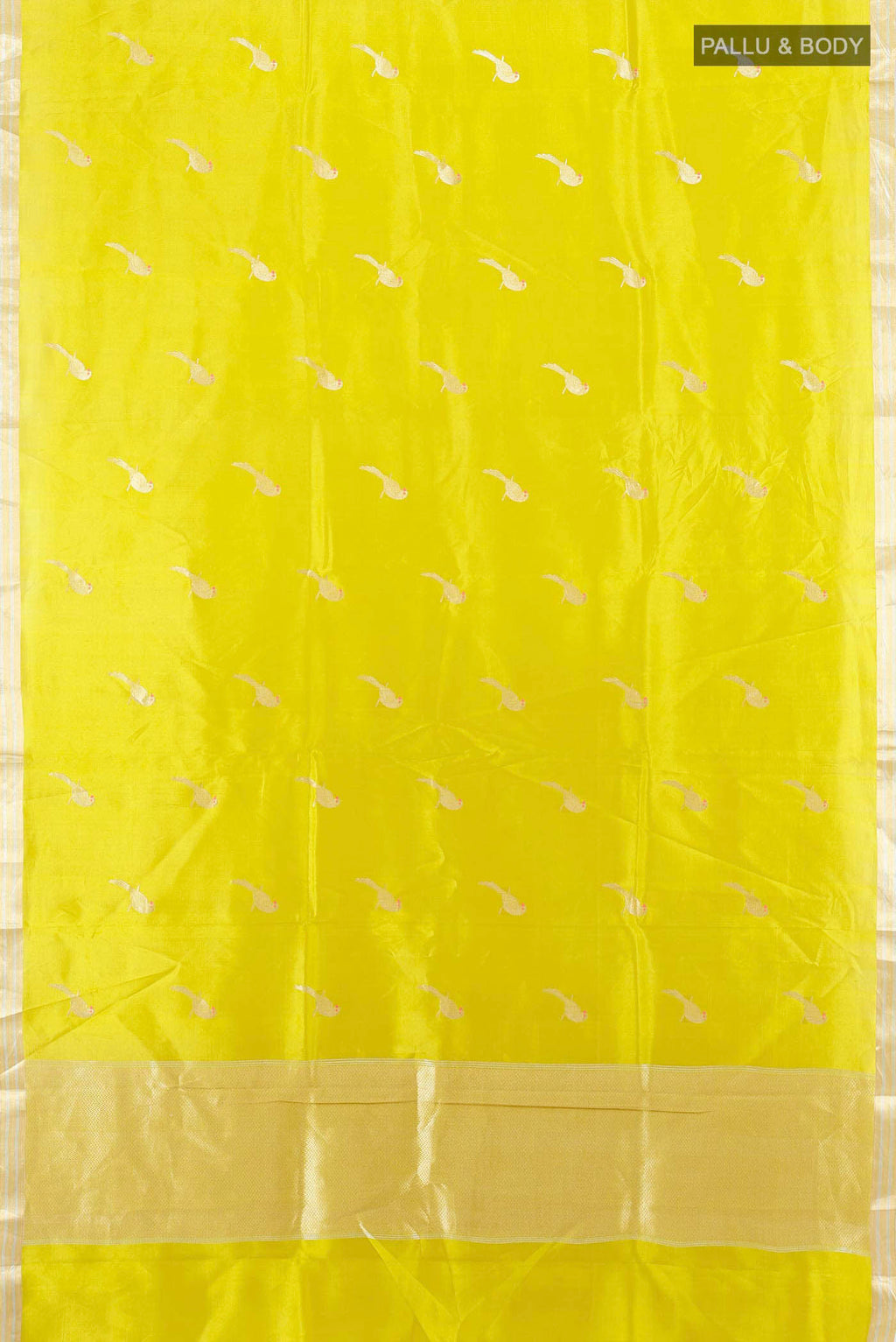 Flat view of Pista Green Banarasi Katan Silk Saree with Zari Butta on the body and Silk Border. 